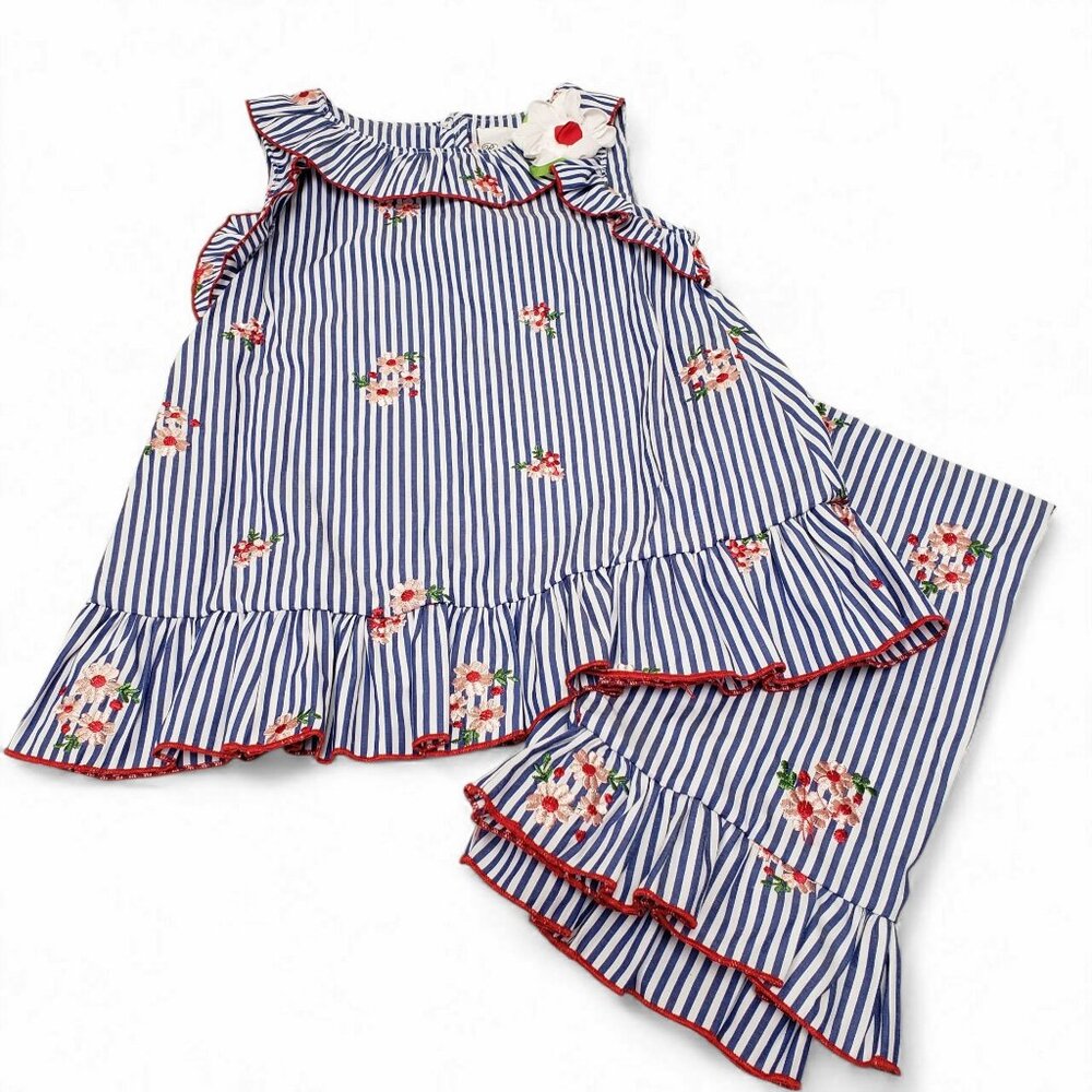Rare Editions Girls 2 Piece Top Pants Striped Embroidered Red White Blue Size 6